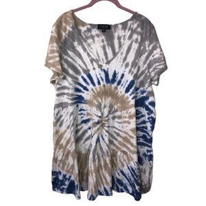 Arna York Womens Size 14/16 Dress Tiered Tee Shirt Tie Dyed Blue Gray Tan Plus